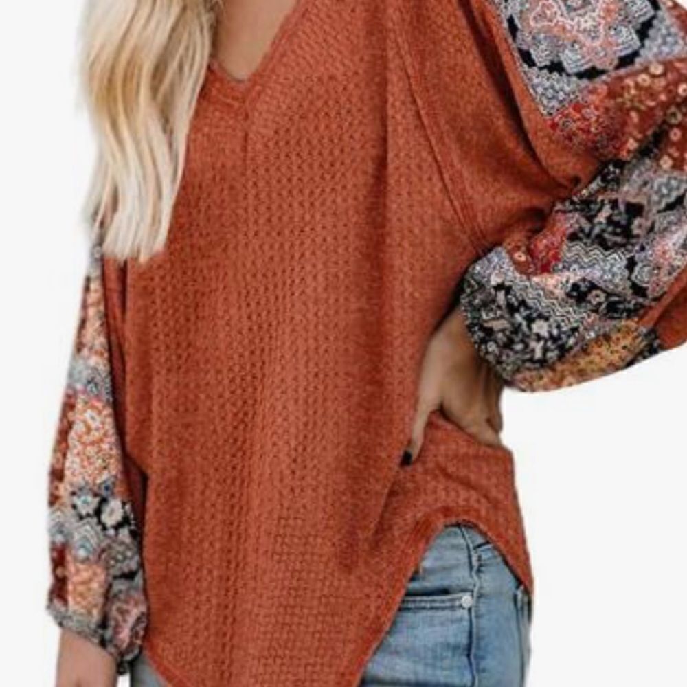 M Orange Black White Waffle Knit V Neck Long Sleeve Pullover Top Floral - Picture 2 of 14